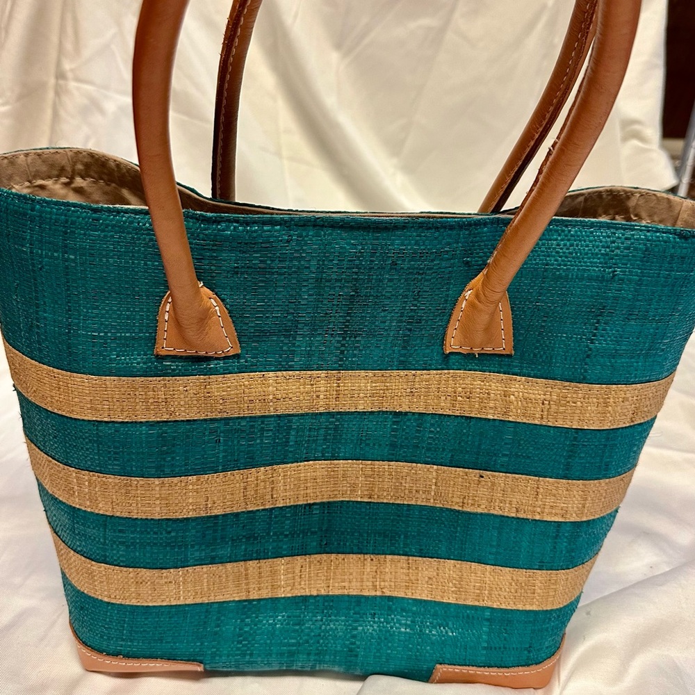 Teal and Brown Straw Bag